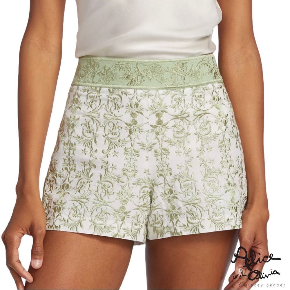 Alice + Olivia *NWT* Donald Embroidered High Waisted Shorts in Green RepublicGeo